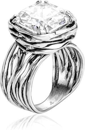JEAN RACHEL JEWELRY 925 Sterling Silver Ring - Wrap Vintage Design with Cushion Shaped Cubic Zirconia - Hypoallergenic, Lead & Nickel Free - Artisan Handcrafted Statement Rings for Women