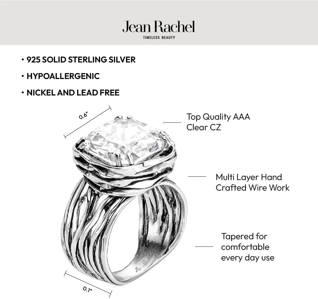 JEAN RACHEL JEWELRY 925 Sterling Silver Ring - Wrap Vintage Design with Cushion Shaped Cubic Zirconia - Hypoallergenic, Lead & Nickel Free - Artisan Handcrafted Statement Rings for Women