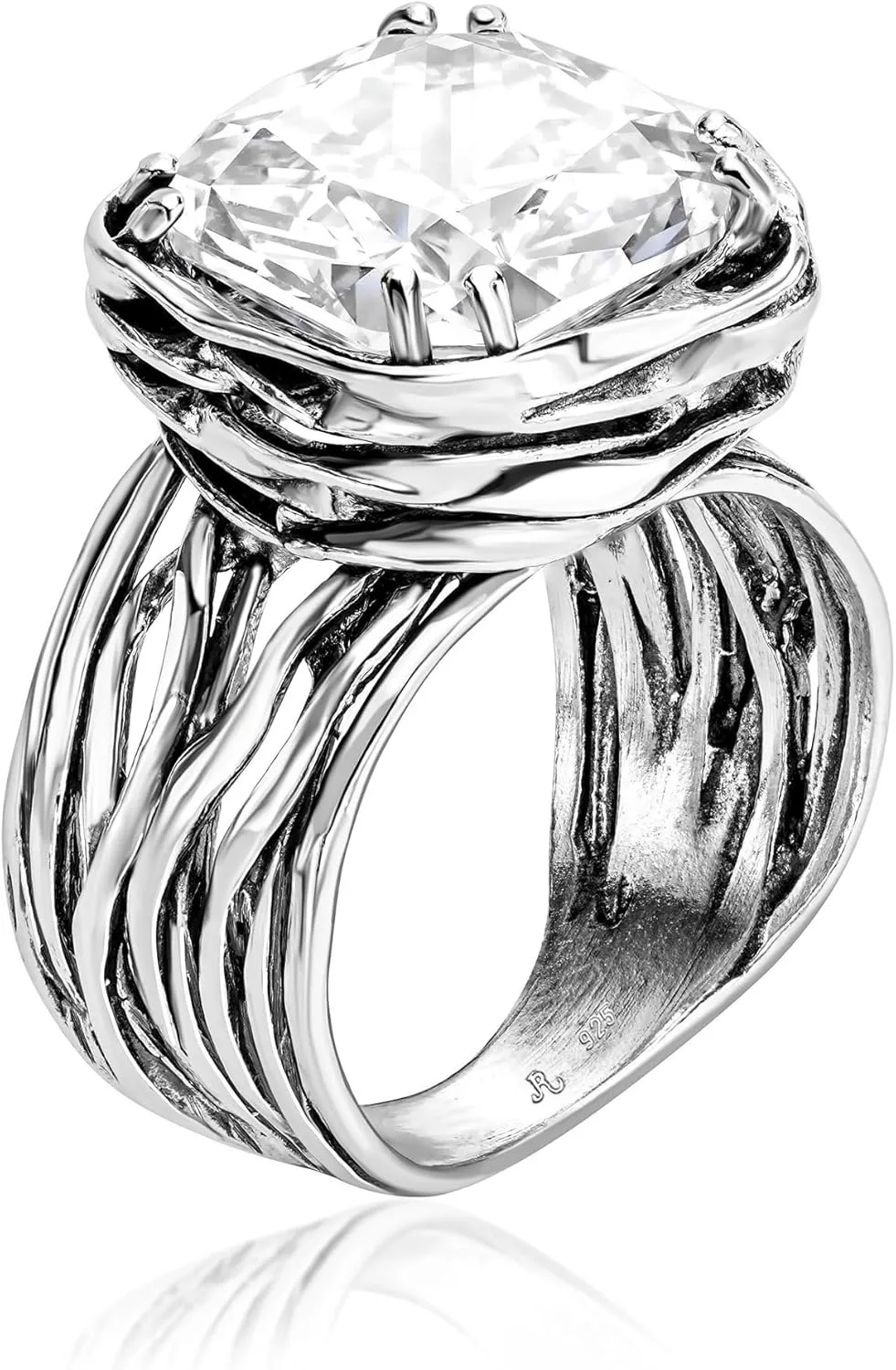 JEAN RACHEL JEWELRY 925 Sterling Silver Ring - Wrap Vintage Design with Cushion Shaped Cubic Zirconia - Hypoallergenic, Lead & Nickel Free - Artisan Handcrafted Statement Rings for Women