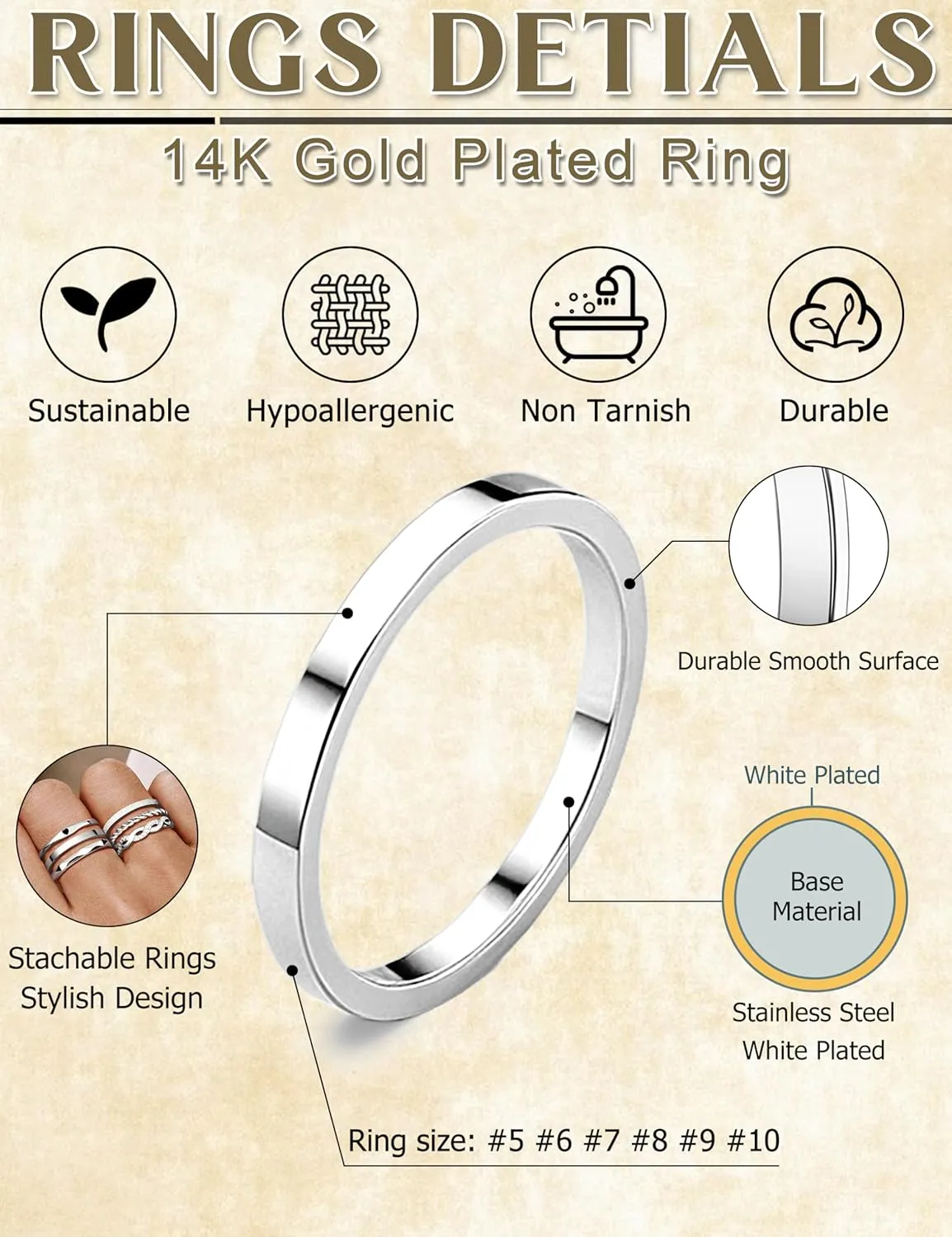 JeryWe 6 Pcs Stainless Steel Rings for Women Set Gold/Silver Knuckle Rings Stackable Simple Carve Heart Wedding Bands Engagement Promise Eternity Bands Thumb Rings for Women