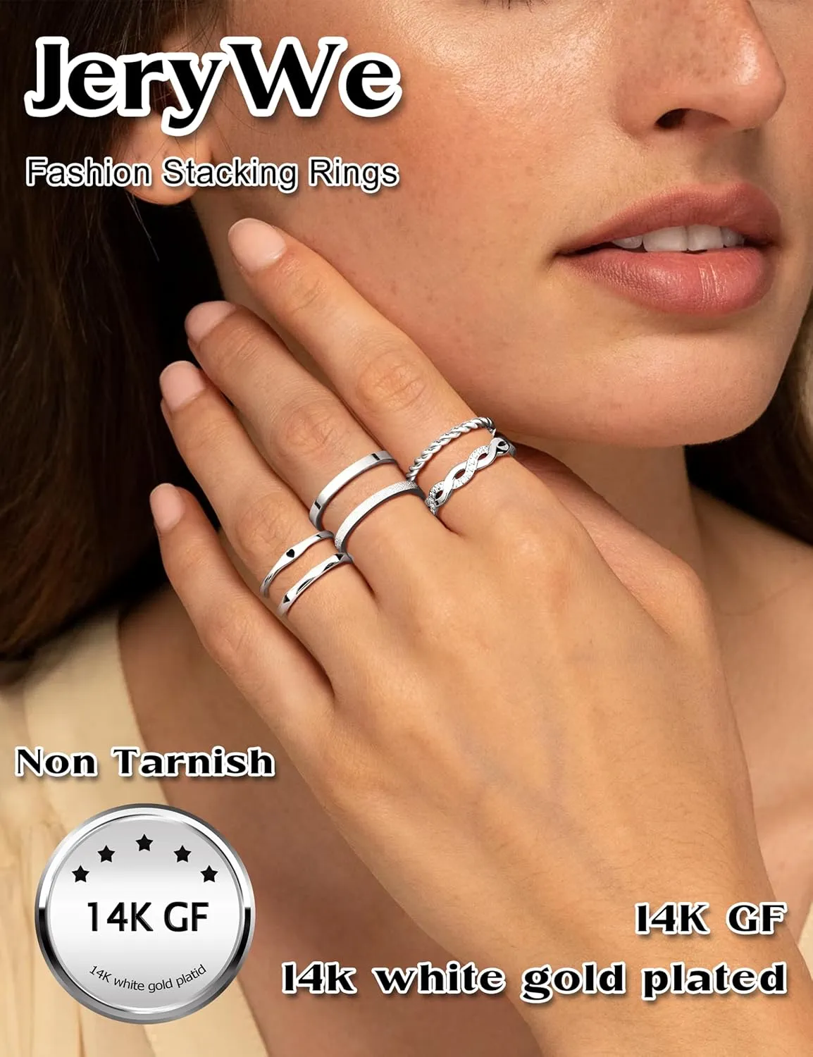 JeryWe 6 Pcs Stainless Steel Rings for Women Set Gold/Silver Knuckle Rings Stackable Simple Carve Heart Wedding Bands Engagement Promise Eternity Bands Thumb Rings for Women
