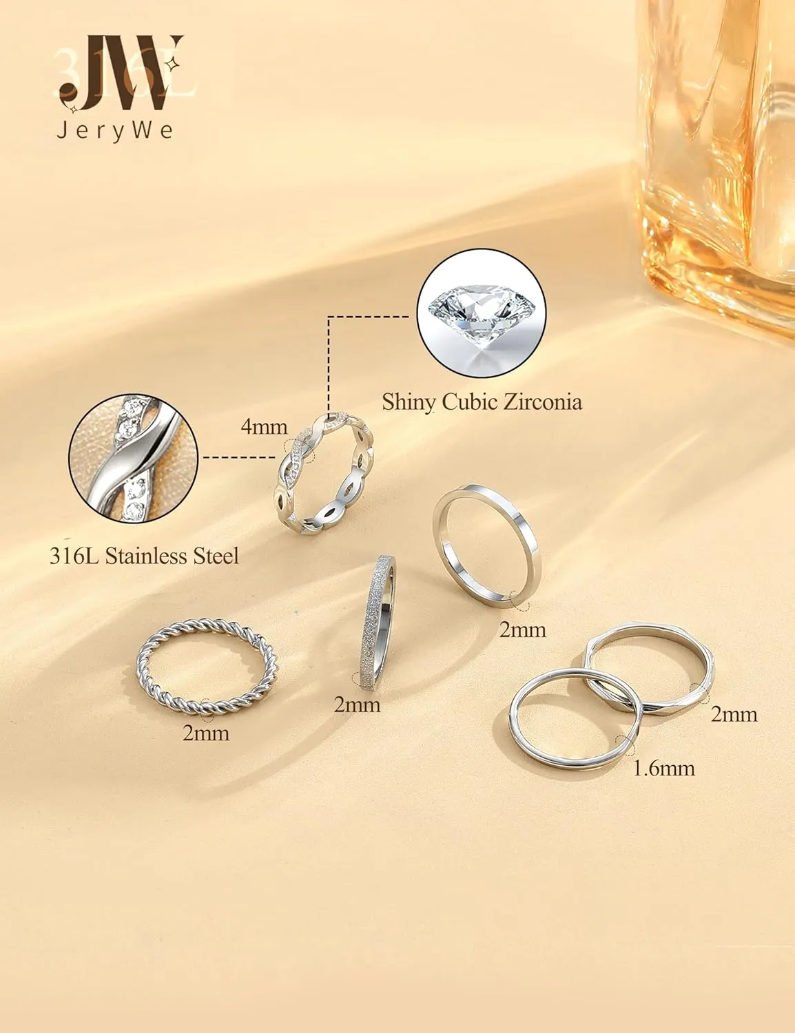 JeryWe 6 Pcs Stainless Steel Rings for Women Set Gold/Silver Knuckle Rings Stackable Simple Carve Heart Wedding Bands Engagement Promise Eternity Bands Thumb Rings for Women