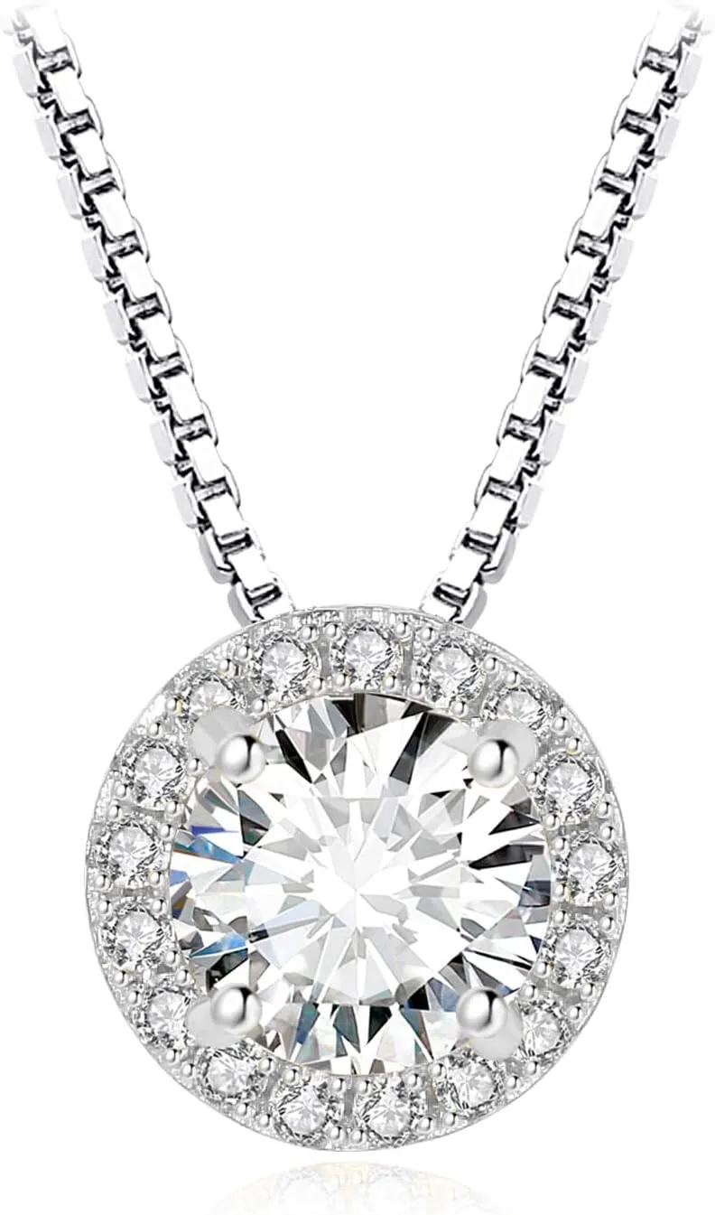 JewelryPalace Halo 1.2ct Moissanite Round Cut Pendant Necklace for Women, 14K White Yellow Rose Gold Plated 925 Sterling Silver Necklace for Her, Simulated Diamond Jewelry Sets 18 Inches Chain VVS D-F
