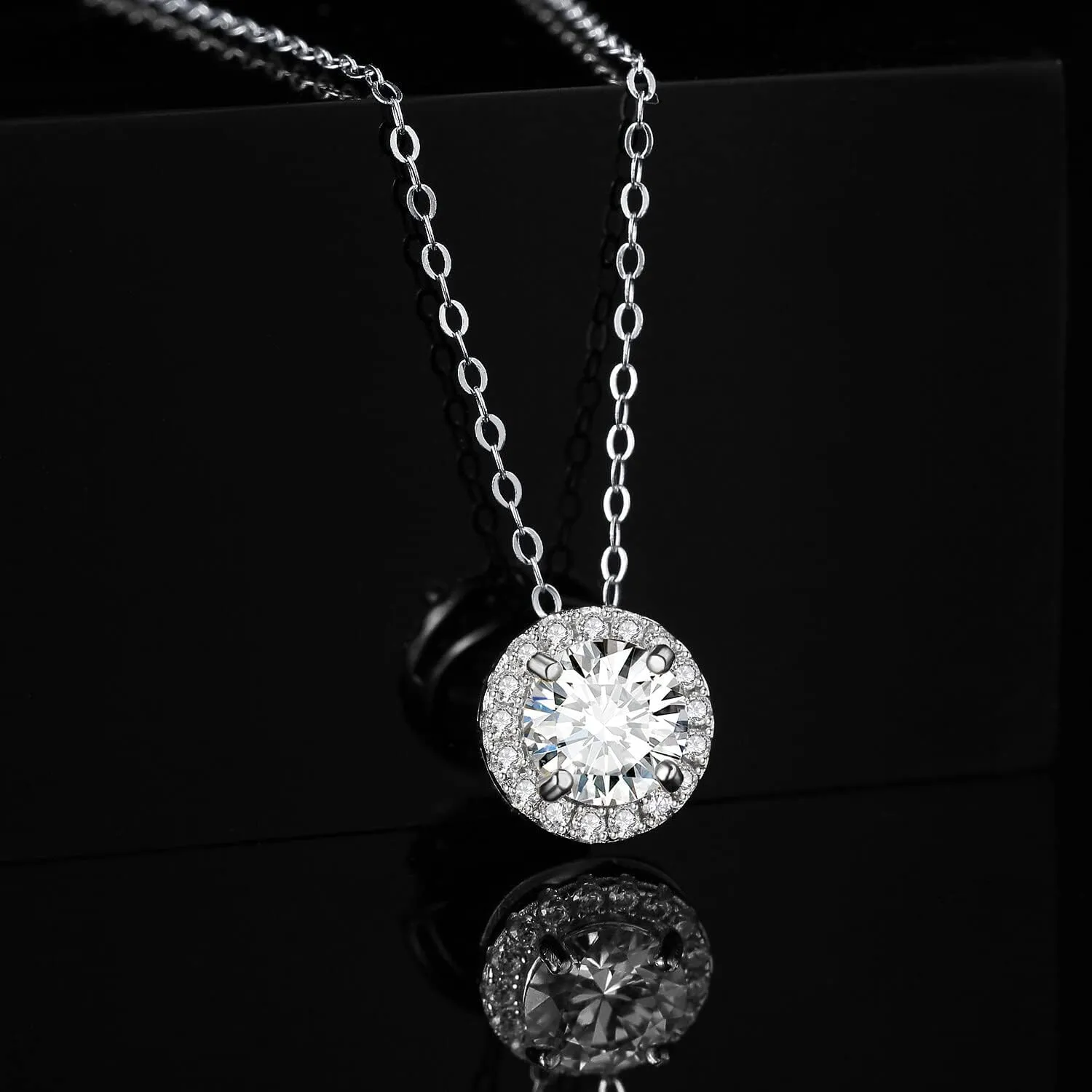 JewelryPalace Halo 1.2ct Moissanite Round Cut Pendant Necklace for Women, 14K White Yellow Rose Gold Plated 925 Sterling Silver Necklace for Her, Simulated Diamond Jewelry Sets 18 Inches Chain VVS D-F