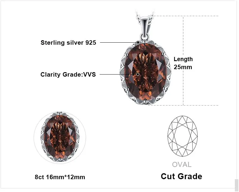 JewelryPalace Huge 8.5ct Oval Shape Natural Smoky Quartz Pendant Necklace for Women, 925 Sterling Silver Necklace for Her, Genuine Gemstone Jewelry sets 18 Inches Chain