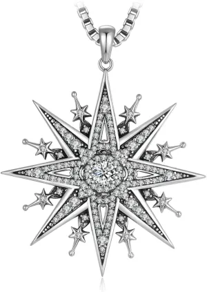 JewelryPalace Huge Gothic Vintage Cubic Zirconia Pendant Necklace for Women, North Star Round 14K White Gold Plated 925 Sterling Silver Necklace for Her, Anniversary CZ Jewelry Sets 18 Inches Chain