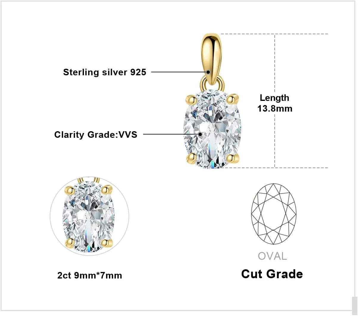 JewelryPalace Oval Cut 1ct 2ct Cubic Zirconia Solitaire Pendant Necklace for Women, 925 Sterling Silver Necklaces for Her, Classic Simulated Diamond Jewelry Set Gift, 18 Inches Chain