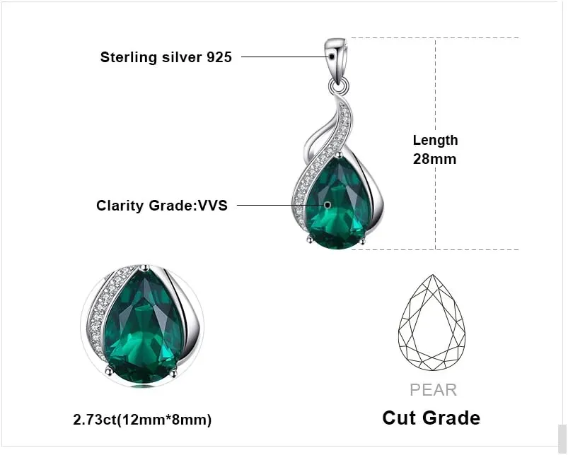 JewelryPalace Pear 2.8ct Simulated Nano Green Emerald Pendant Necklace for Women, 925 Sterling Silver White Yellow Rose Gold Plated Necklace for Her, Fashion Gemstone Gift for Girl 18 Inches Chain