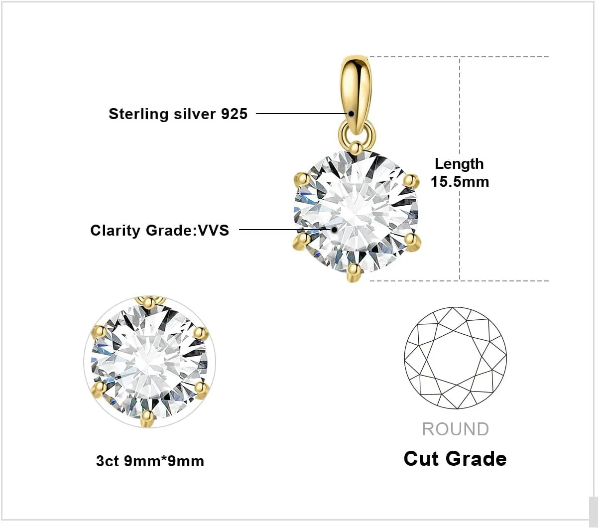 JewelryPalace Round 1ct 2ct 3ct Cubic Zirconia Solitaire Pendant Necklace for Women, 925 Sterling Silver 14k White Gold Plated Necklaces for Her, Classic Simulated Diamond Jewelry Set, 18 Inches chain
