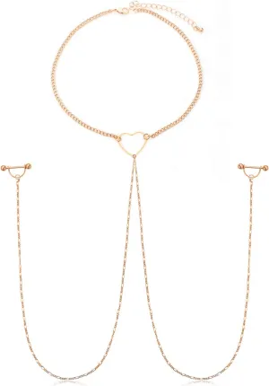 JFORYOU Nipple Ring with Choker Necklaces Stainless Steel Nipple Rings Chain Heart Cat Head Punk Chokers for Women Nipple Barbell Piercing Jewelry