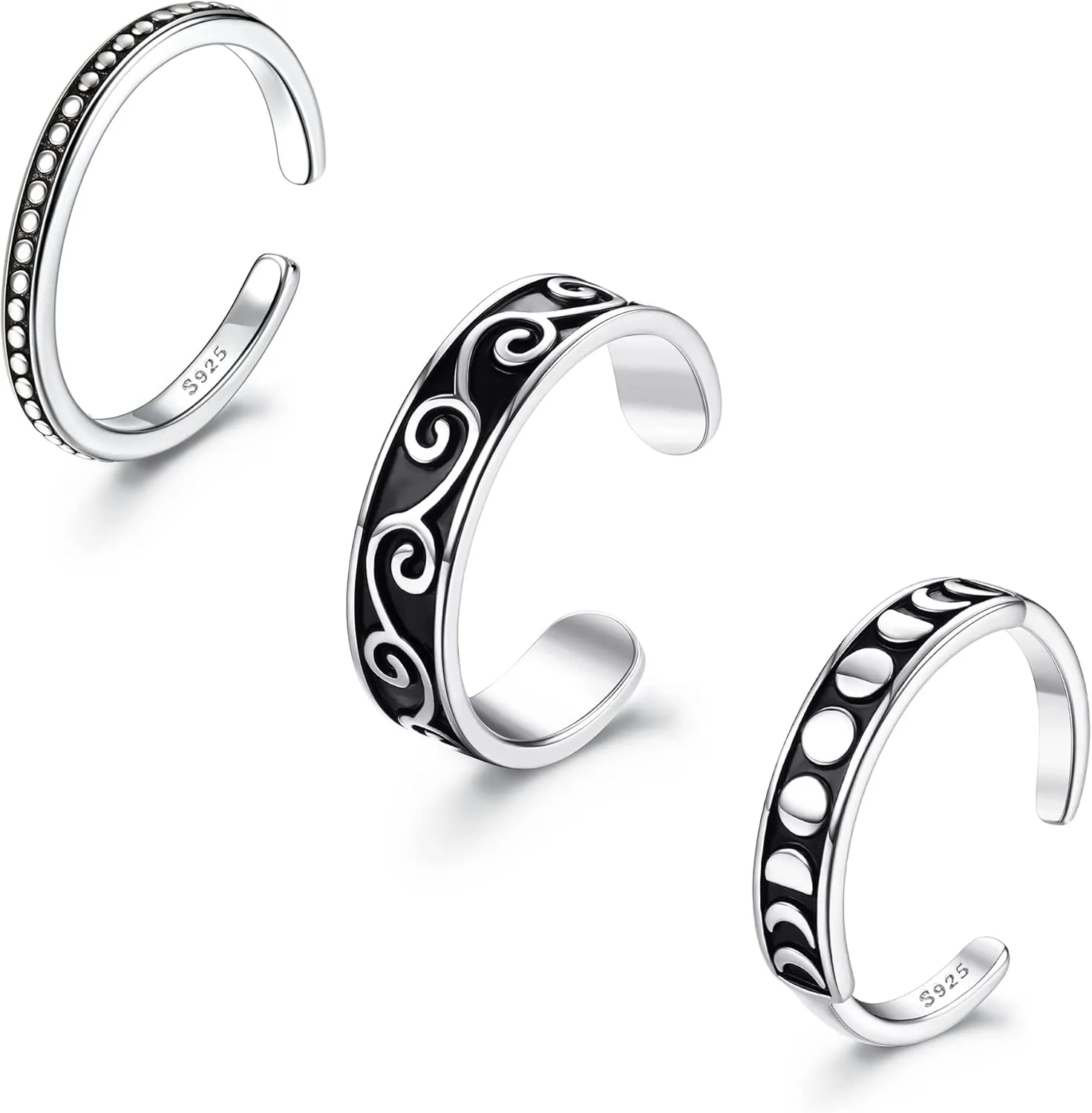 JOERICA 3 Pcs 925 Sterling Silver Toe Rings for Women Open Toe Rings Adjustable African Toe Rings Minimalistic Celtic Turquoise Band Toe Rings Foot Jewelry Set