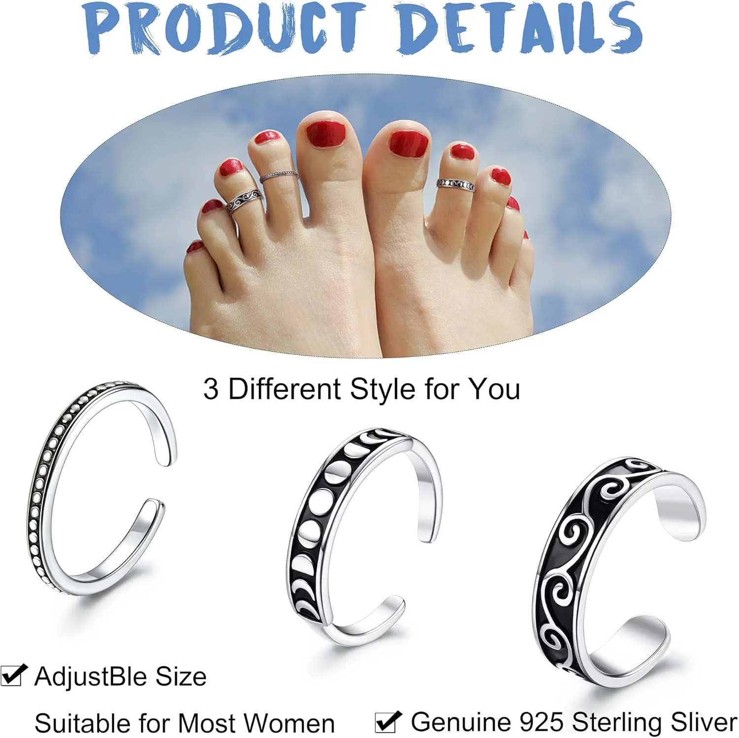 JOERICA 3 Pcs 925 Sterling Silver Toe Rings for Women Open Toe Rings Adjustable African Toe Rings Minimalistic Celtic Turquoise Band Toe Rings Foot Jewelry Set