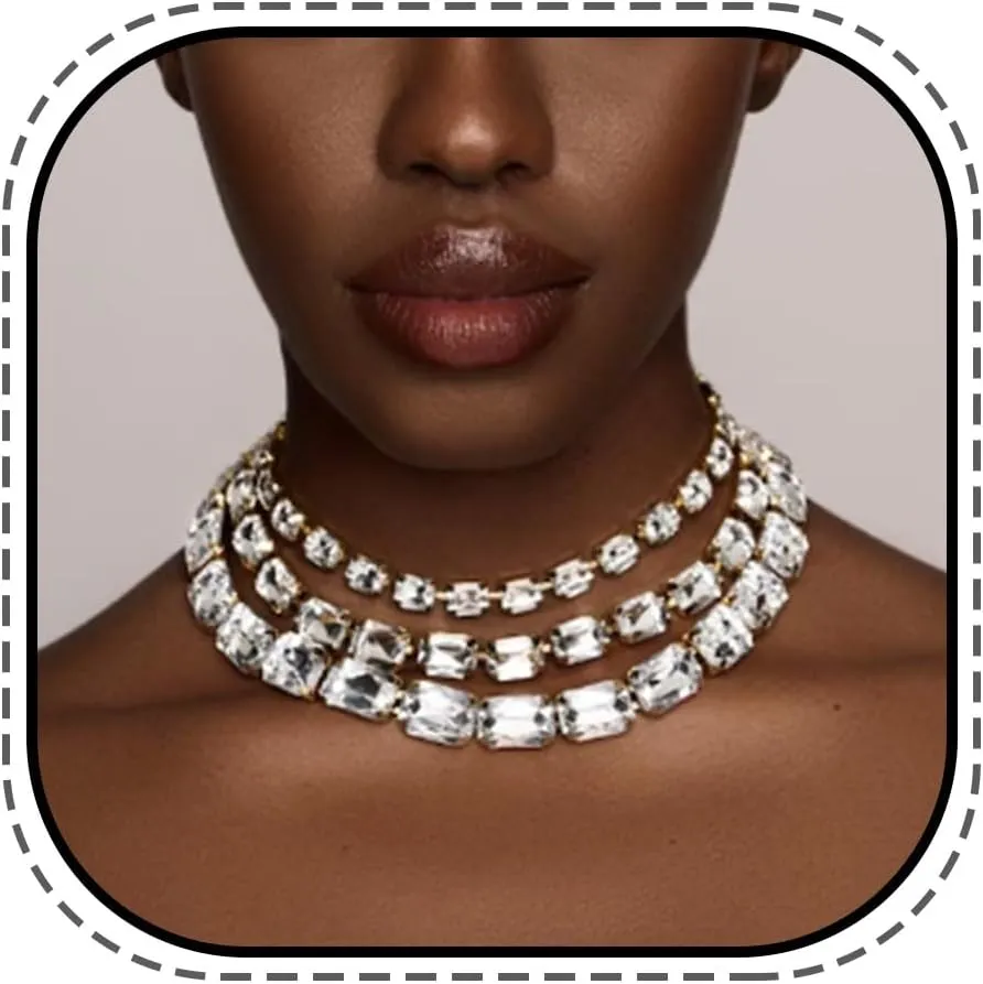 JONKY Square Crystal Choker Triple Layer Necklace Bridal Chain for Women