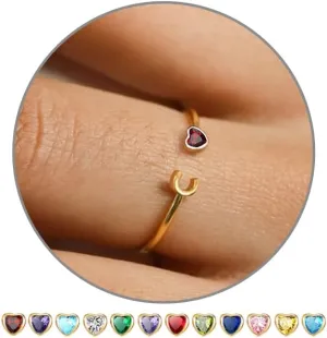 JSJOY Birthstone Rings for Women 26 A-Z Initial Ring Adjustable 14k Gold Ring Birthday Gifts for Her Rings for Teen Sister Bridesmaid Gifts Dainty Letter Jewelry