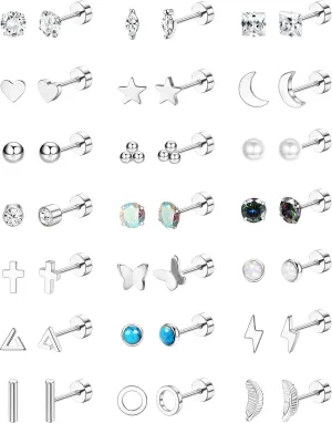 Jstyle 21 Pairs Hypoallergenic Flat Back Stud Earrings for Women Men Surgical Stainless Steel Earrings for Sensitive Ears Cartilage Earring Small Studs Earrings Set Stacks Screw Back Earrings Piercing