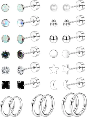 Jstyle Hypoallergenic Flat Back Stud Earrings for Women Men Surgical Stainless Steel Earrings for Sensitive Ears Small Stud Hoop Silver Gold Black Earrings Cartilage Earring Set for Multiple Piercing