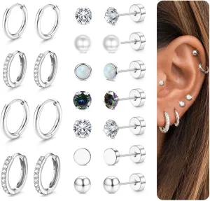 Jstyle Hypoallergenic Stud Hoop Earrings for Women Flat Back Cartilage Earrings Small Silver Hoops Surgical Stainless Steel Earring Trendy Earring Stacks Set Multiple Piercing Jewelry Gifts for Women