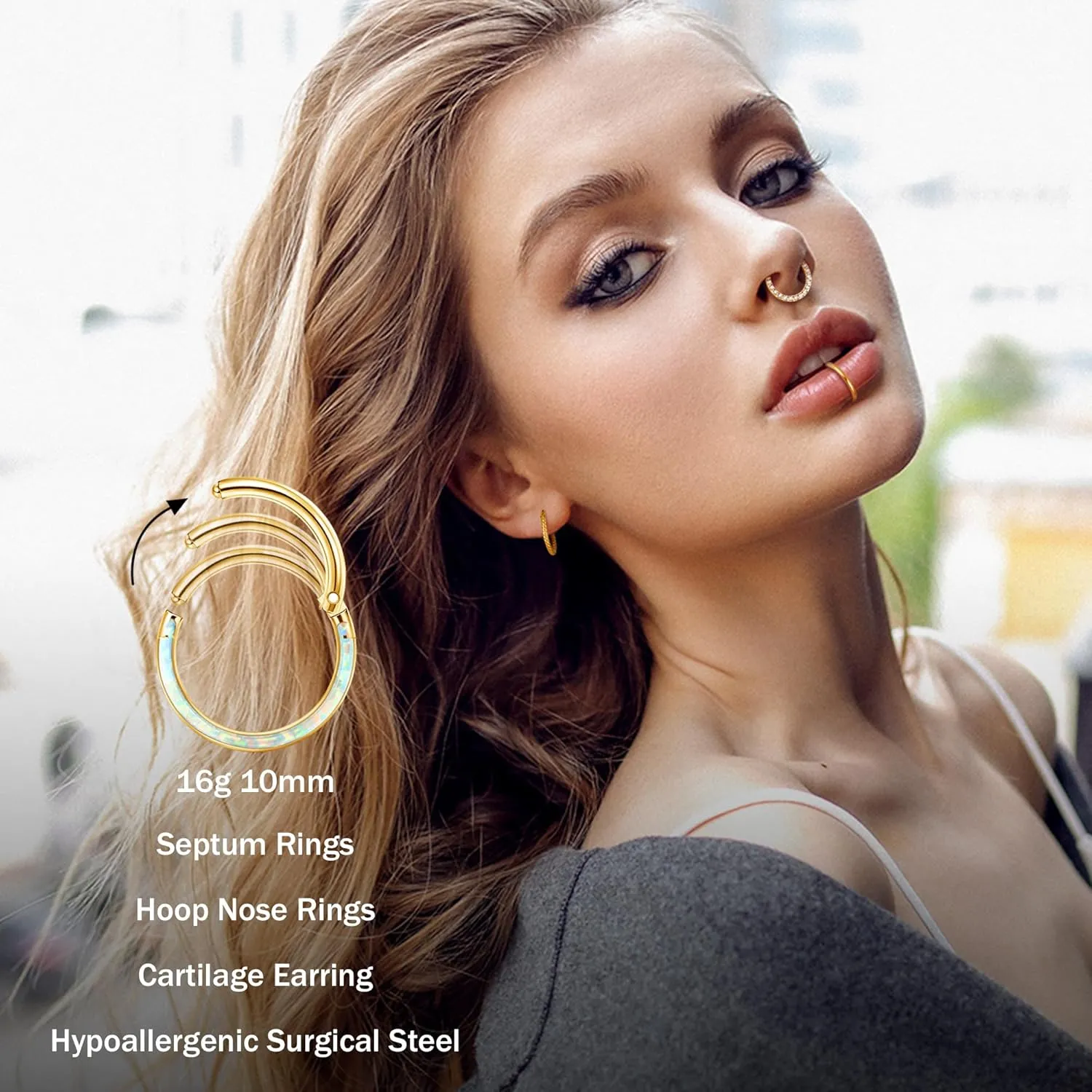 Jstyle Hypoallergenic Surgical Steel Septum Nose Rings for Women Men Opal CZ Nose Hoop Ring Septum Rings Hinged Cartilage Earring Conch Lip Helix Daith Rook Tragus Piercing Jewelry 8mm 10mm