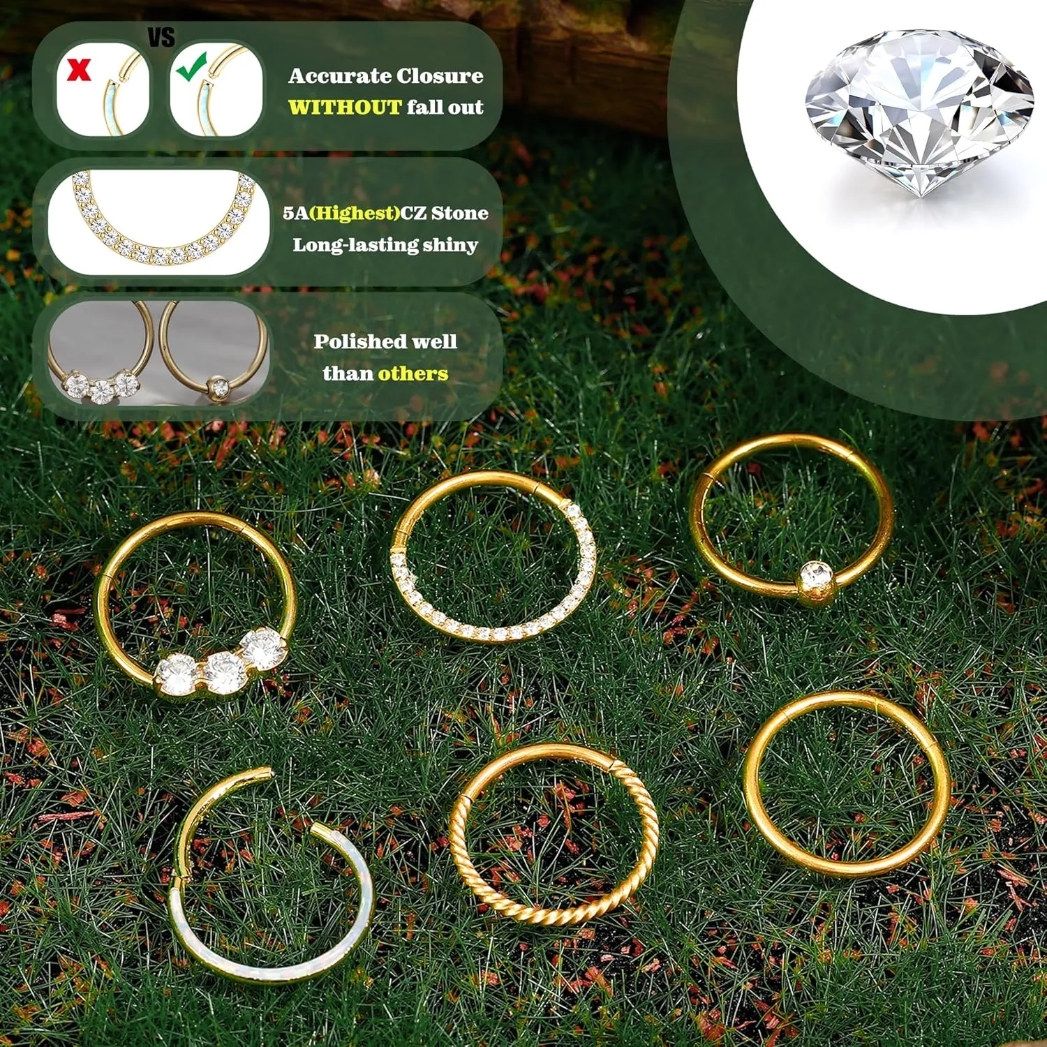 Jstyle Hypoallergenic Surgical Steel Septum Nose Rings for Women Men Opal CZ Nose Hoop Ring Septum Rings Hinged Cartilage Earring Conch Lip Helix Daith Rook Tragus Piercing Jewelry 8mm 10mm