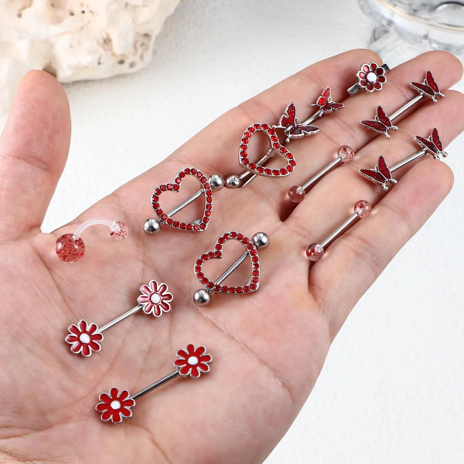 Kakonia 12 Pcs 14G Nipple Piercing Jewelry - Surgical Steel Nipple Rings Belly Rings for Women,Dainty Butterfly Belly Button Ring Heart Nipple Piercing Jewelry Set Cute Flower CZ Nipple Ring Barbells Body Piercing Jewelry