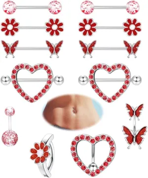 Kakonia 12 Pcs 14G Nipple Piercing Jewelry - Surgical Steel Nipple Rings Belly Rings for Women,Dainty Butterfly Belly Button Ring Heart Nipple Piercing Jewelry Set Cute Flower CZ Nipple Ring Barbells Body Piercing Jewelry