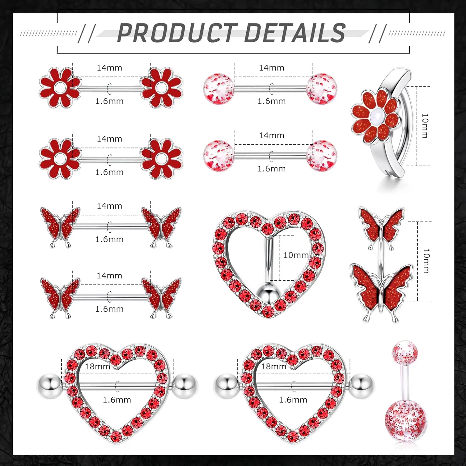 Kakonia 12 Pcs 14G Nipple Piercing Jewelry - Surgical Steel Nipple Rings Belly Rings for Women,Dainty Butterfly Belly Button Ring Heart Nipple Piercing Jewelry Set Cute Flower CZ Nipple Ring Barbells Body Piercing Jewelry