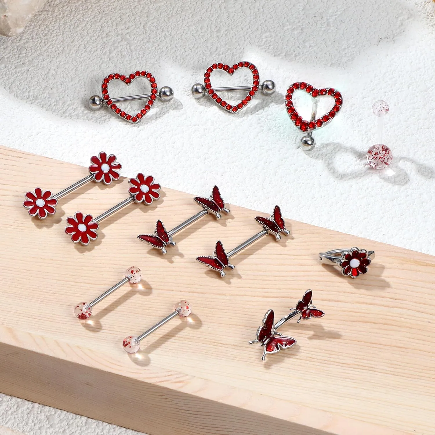 Kakonia 12 Pcs 14G Nipple Piercing Jewelry - Surgical Steel Nipple Rings Belly Rings for Women,Dainty Butterfly Belly Button Ring Heart Nipple Piercing Jewelry Set Cute Flower CZ Nipple Ring Barbells Body Piercing Jewelry