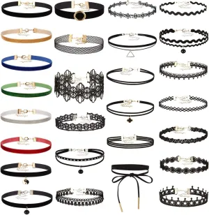 K&Q 27 PCS Choker Necklace Set - Classic Stretch Colorful Gothic Collar Tattoo And Black Layered Cute Lace Velvet Choker Necklace