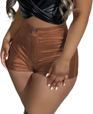 KANSOON Women's Metallic Faux Leather Shorts High Waist Shiny Sexy Rave Short Hot Pants