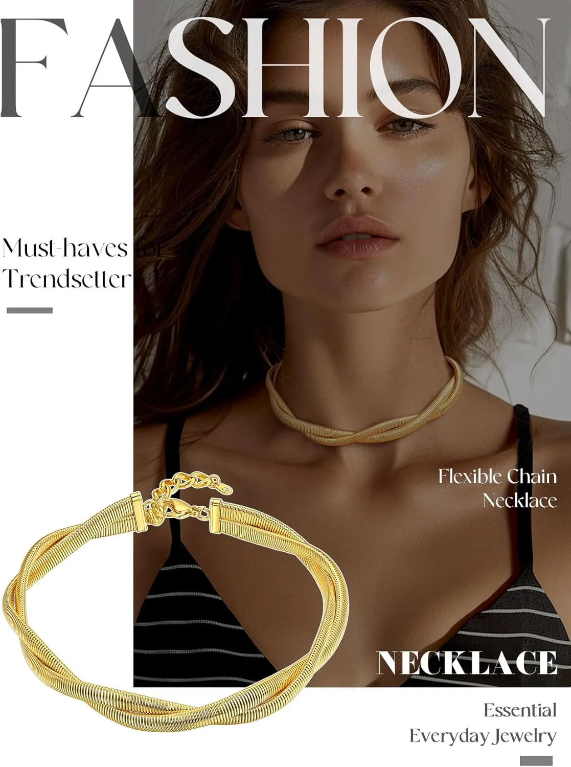 KeyStyle Chunky Chain Choker for Women, Stainless Steel Stretch Snake Link Chains Non Tarnish, Minimalist Chains Statement Jewelry Gifts for Hip Hop Rapper