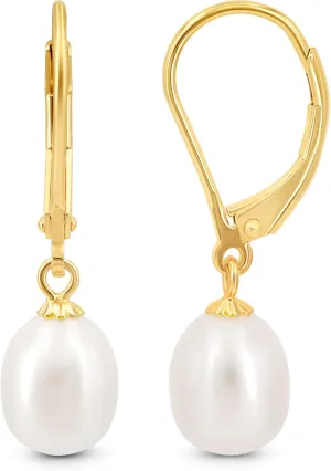 KEZEF Freshwater Pearl Drop Earrings, 14K Gold Plated Sterling Silver, 7-8mm Silver Dangle Earring for Women, Leverback, Hypoallergenic Bridal Pearl Earrings for Women dangling jewelry bridesmaid