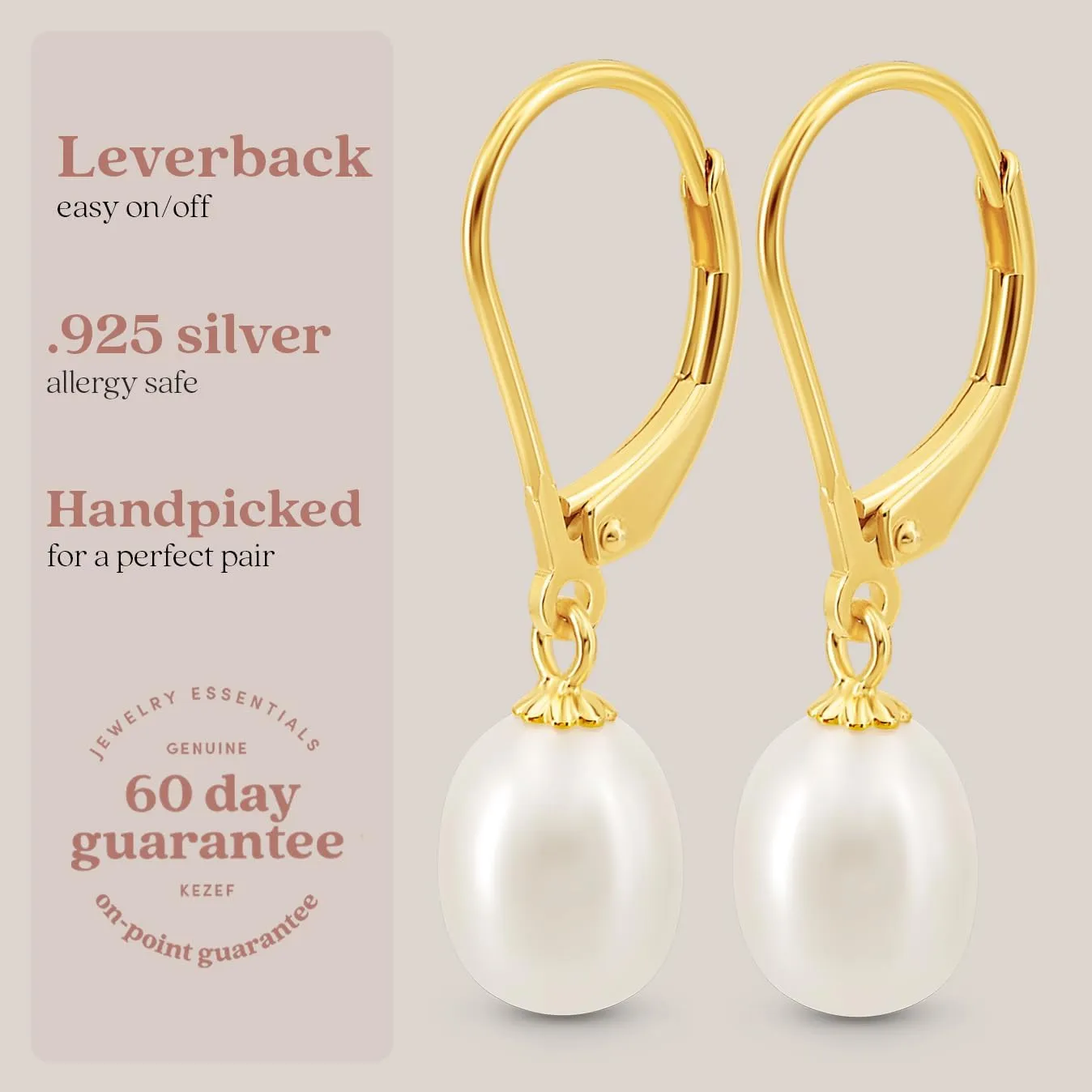 KEZEF Freshwater Pearl Drop Earrings, 14K Gold Plated Sterling Silver, 7-8mm Silver Dangle Earring for Women, Leverback, Hypoallergenic Bridal Pearl Earrings for Women dangling jewelry bridesmaid