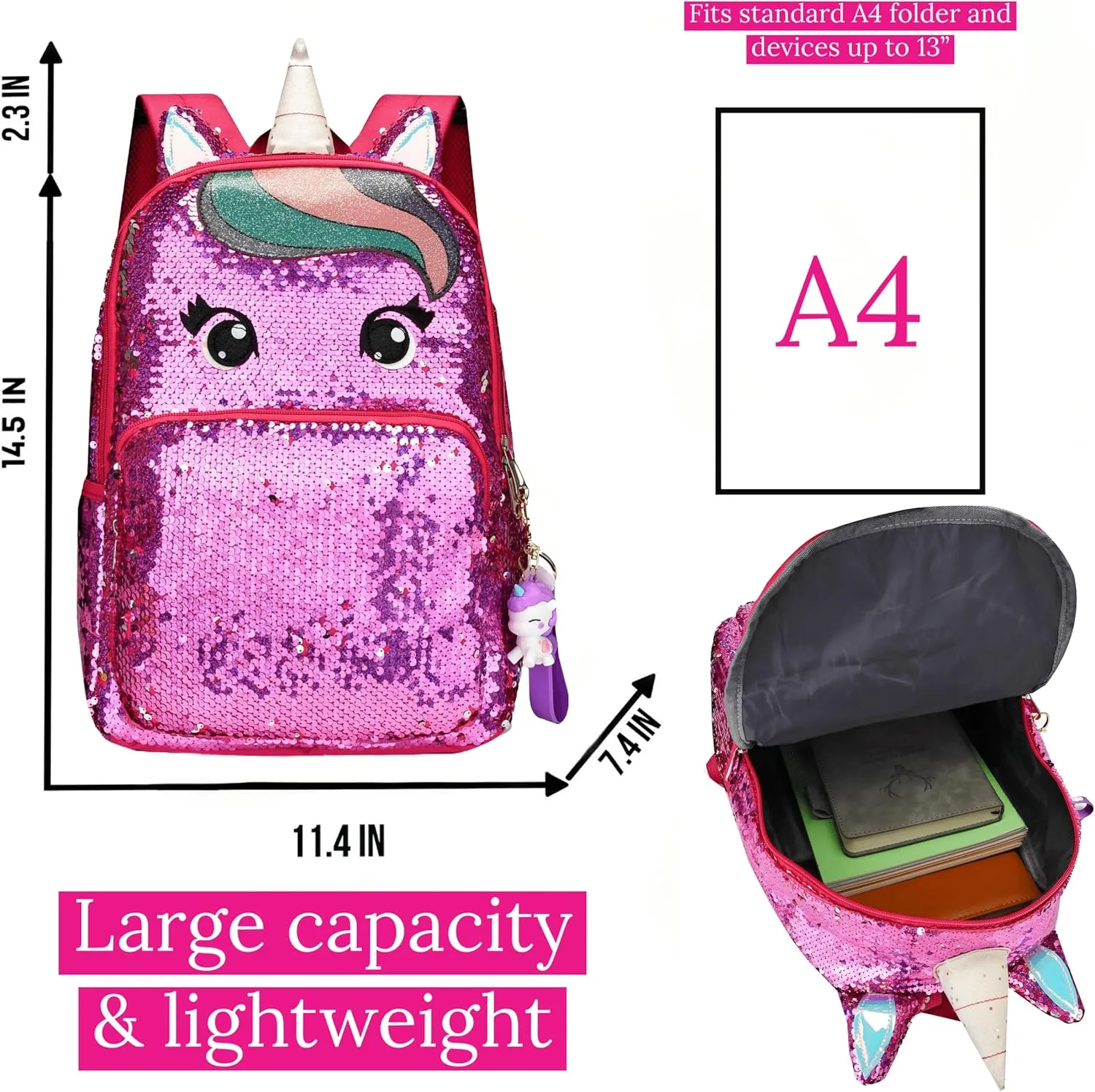 Kids Enchanting Unicorn Flip Sequin Backpack for Little Girls Age 6-8-9-10 Years Old- Sparkling Glitter Fashion Book Bag for School, Travel, Birthday (Berry Unicorn)