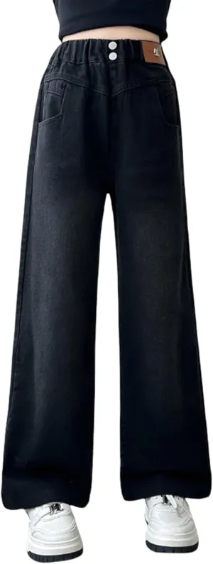 Kids Girls Baggy Jeans Casual Wide Leg High Waist Denim Pants Size 5-14 Years