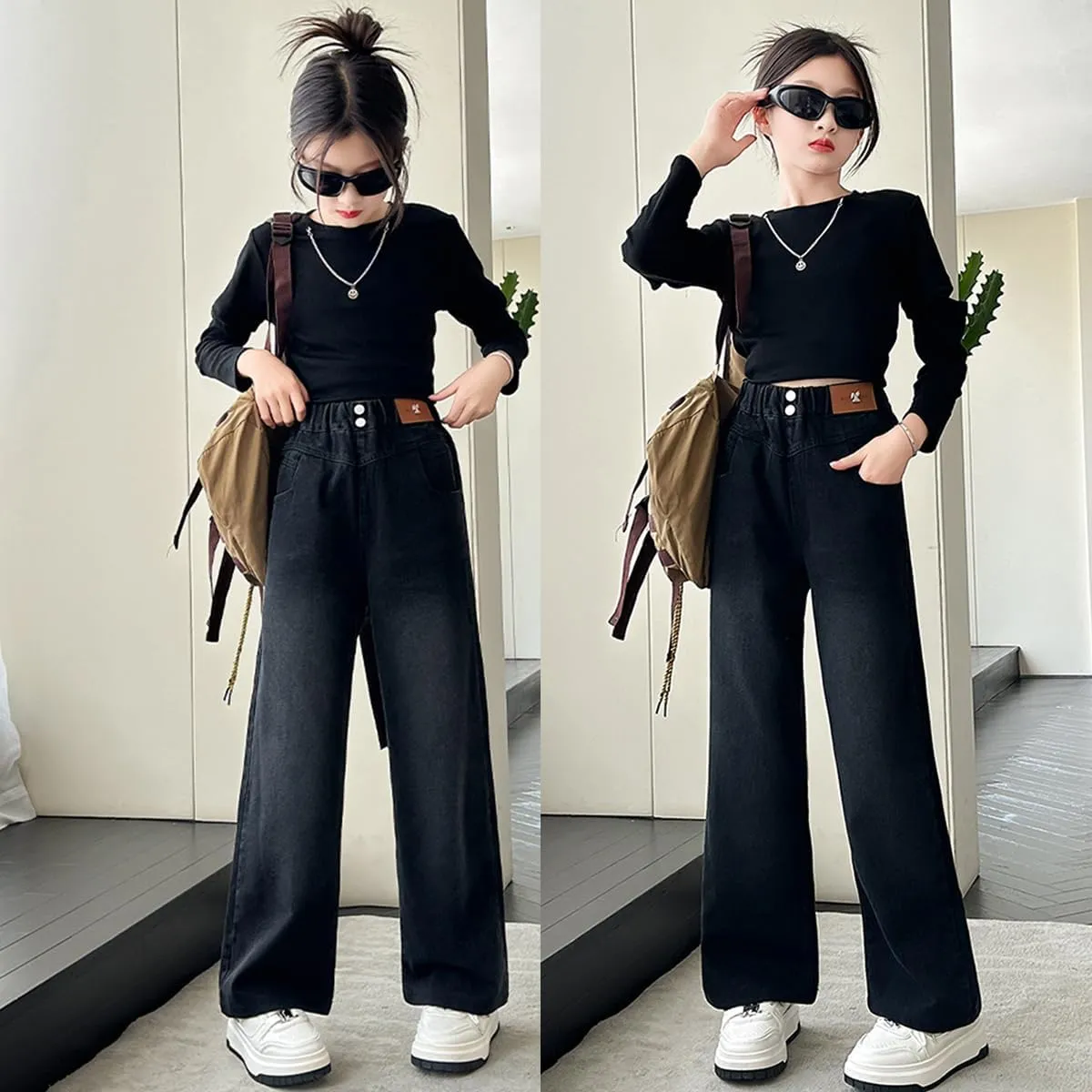Kids Girls Baggy Jeans Casual Wide Leg High Waist Denim Pants Size 5-14 Years