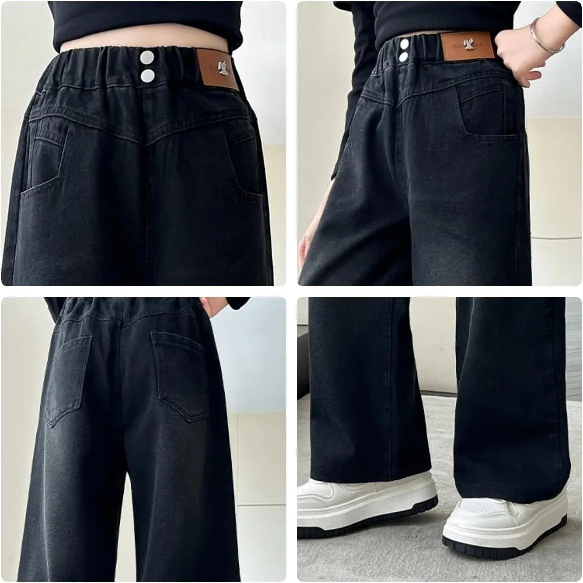 Kids Girls Baggy Jeans Casual Wide Leg High Waist Denim Pants Size 5-14 Years