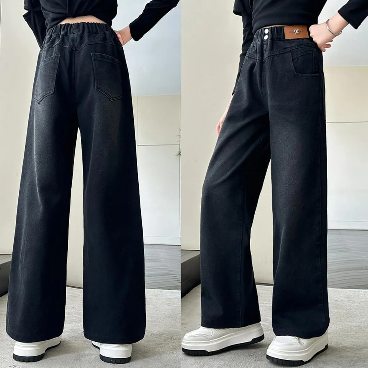 Kids Girls Baggy Jeans Casual Wide Leg High Waist Denim Pants Size 5-14 Years