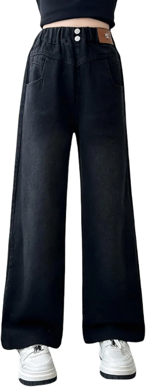 Kids Girls Baggy Jeans Casual Wide Leg High Waist Denim Pants Size 5-14 Years