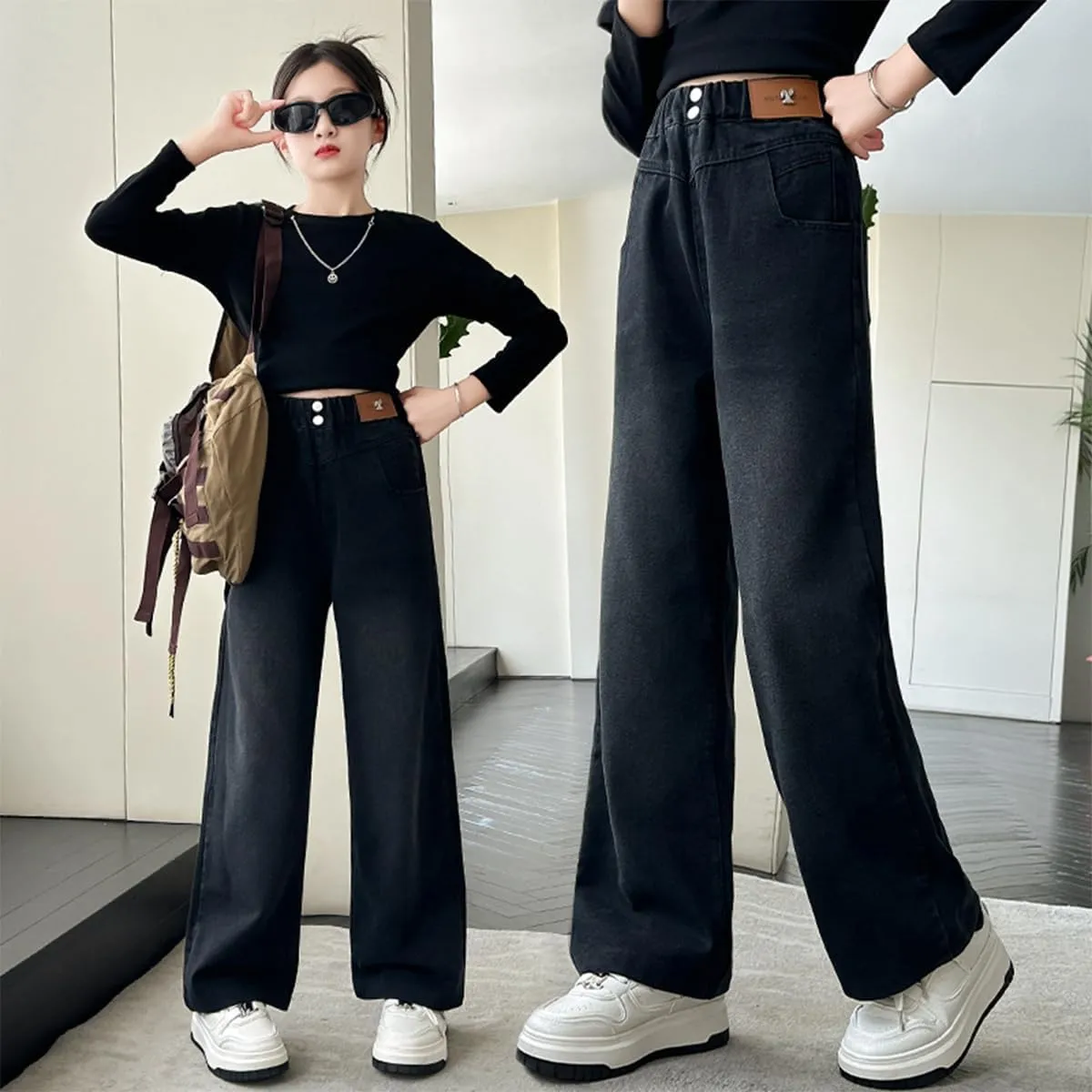 Kids Girls Baggy Jeans Casual Wide Leg High Waist Denim Pants Size 5-14 Years