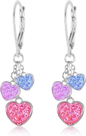 Kids Hoop Earrings, Heart Earrings for Girls, Hypoallergenic Jewelry with 925 Silver Leverbacks in White or Yellow Gold Tone, Earrings with 3 Mini Hearts & Crystals, Small Earring with Hoops for Kids