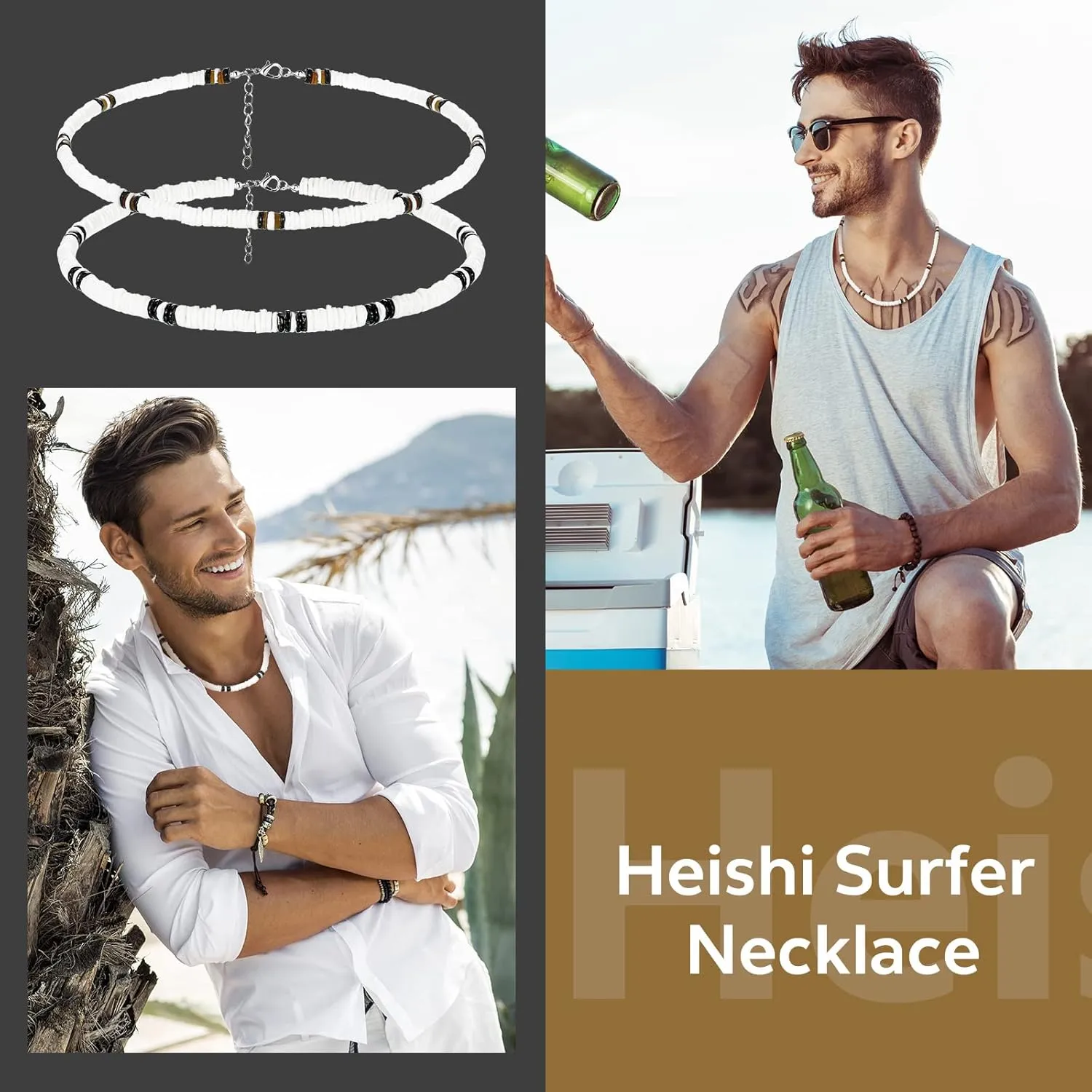 Kigeli 4 Pieces Puka Shell Necklace for Men, Surfer Choker Seashell Hawaiian Necklace Beach Chokers with Gift Bag