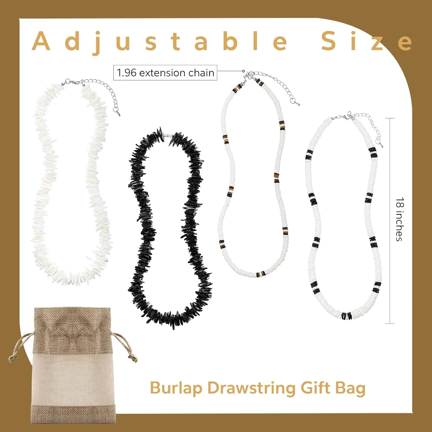 Kigeli 4 Pieces Puka Shell Necklace for Men, Surfer Choker Seashell Hawaiian Necklace Beach Chokers with Gift Bag