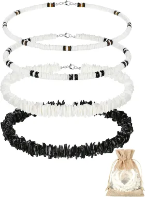 Kigeli 4 Pieces Puka Shell Necklace for Men, Surfer Choker Seashell Hawaiian Necklace Beach Chokers with Gift Bag