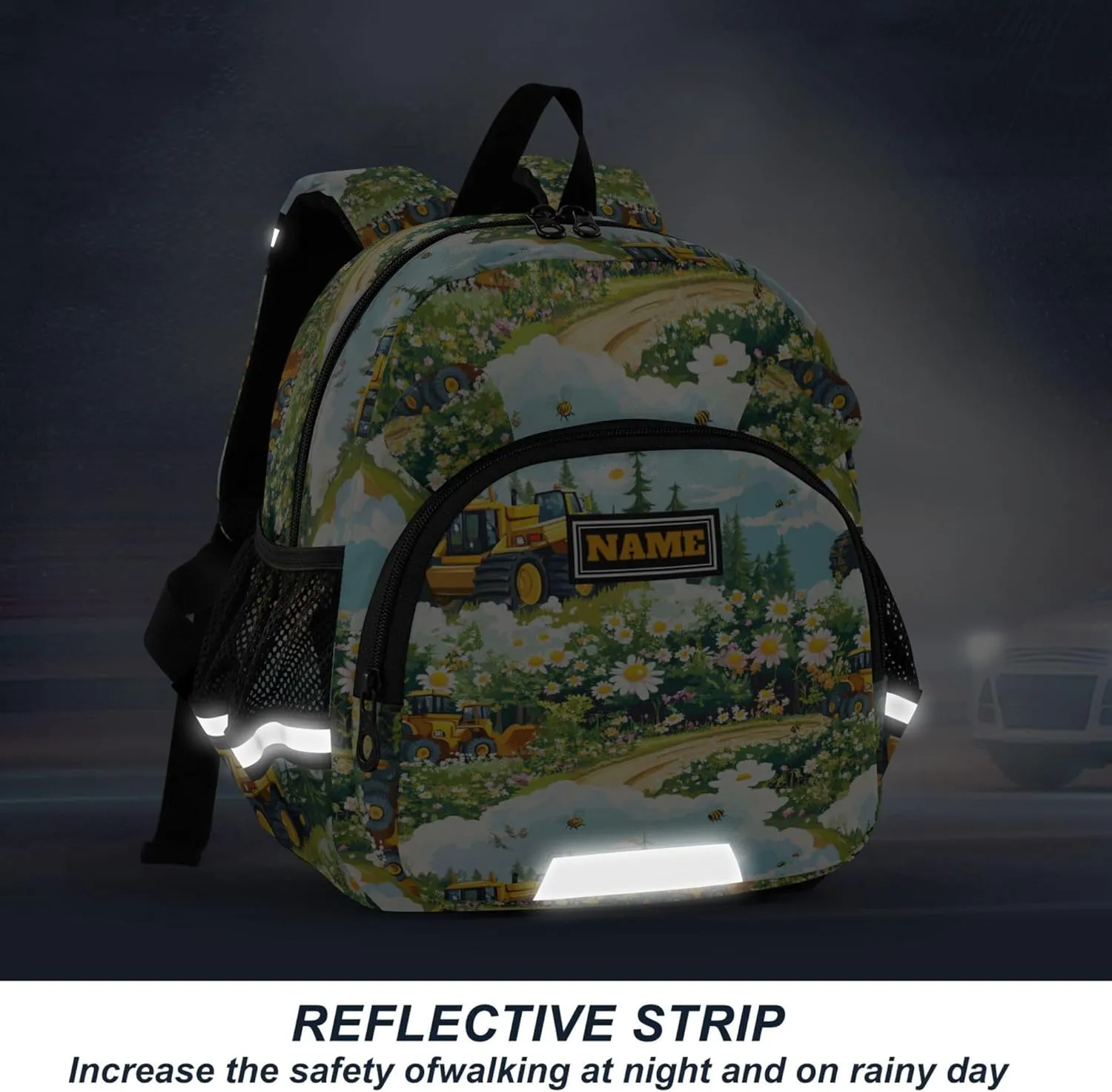 KLL Custom Cute Ears Cool Backpacks Leash Cool Girls Anti-Lost Personalized Book Bag For School with Reflective Strip M Construction Truck Cartoon Bulldozer Personalized