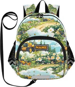 KLL Custom Cute Ears Cool Backpacks Leash Cool Girls Anti-Lost Personalized Book Bag For School with Reflective Strip M Construction Truck Cartoon Bulldozer Personalized