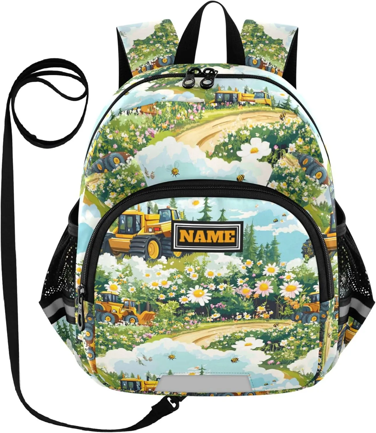 KLL Custom Cute Ears Cool Backpacks Leash Cool Girls Anti-Lost Personalized Book Bag For School with Reflective Strip M Construction Truck Cartoon Bulldozer Personalized