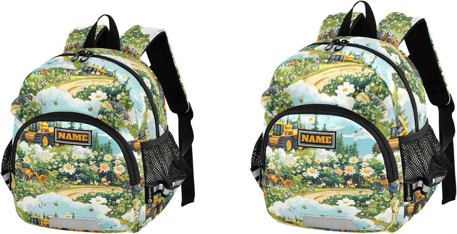 KLL Custom Cute Ears Cool Backpacks Leash Cool Girls Anti-Lost Personalized Book Bag For School with Reflective Strip M Construction Truck Cartoon Bulldozer Personalized