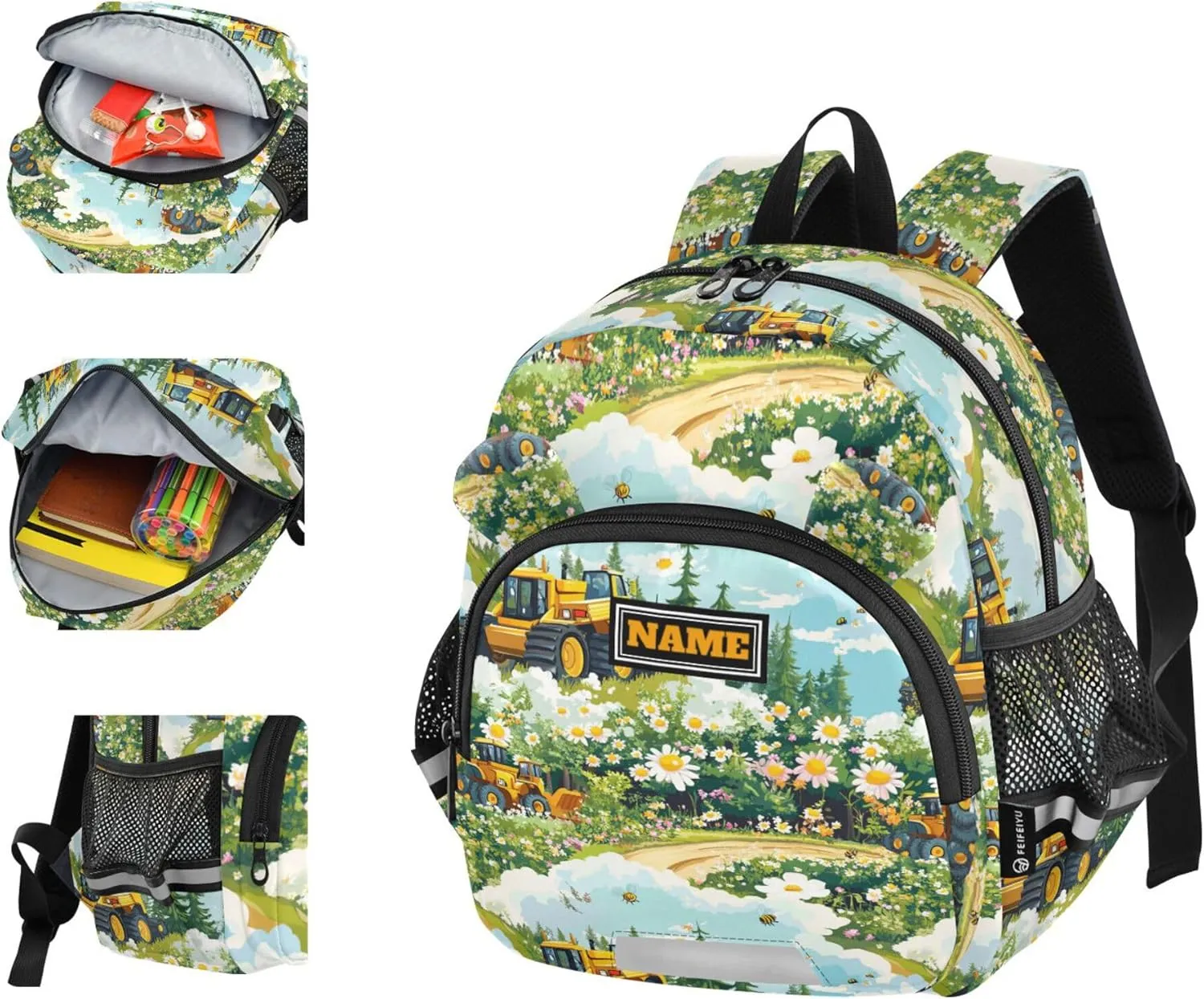 KLL Custom Cute Ears Cool Backpacks Leash Cool Girls Anti-Lost Personalized Book Bag For School with Reflective Strip M Construction Truck Cartoon Bulldozer Personalized