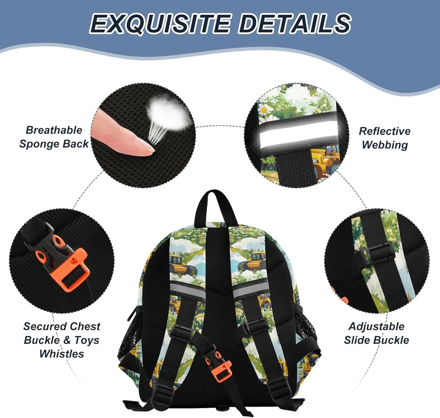 KLL Custom Cute Ears Cool Backpacks Leash Cool Girls Anti-Lost Personalized Book Bag For School with Reflective Strip M Construction Truck Cartoon Bulldozer Personalized
