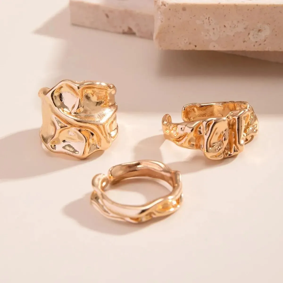 KURTCB Chunky Gold Silver Rings for Women Non Tarnish Statement Irregular Stackable Rings Set 3PCS